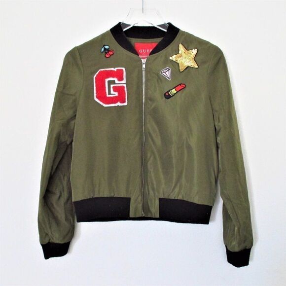 Guess Olive Green Appliqued Bomber Jacket - Picture 1 of 6